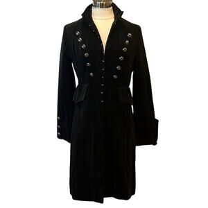 Newport News Women's Black steampunk gothic military Velvet Trench Coat Size 8